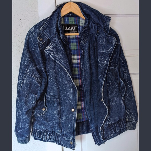 IZZI Acid Wash Denim Bomber Jacket Medium Vintage 80s Grunge - Picture 3 of 14